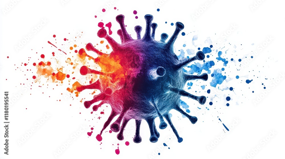 Poster design with the slogan Flatten the Curve surrounded by stylized colorful depiction of Human metapneumovirus Virus hmpv particles