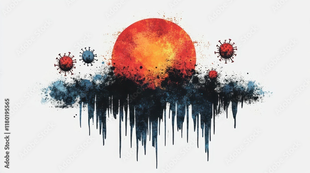 Poster design with the slogan Flatten the Curve surrounded by stylized colorful depiction of Human metapneumovirus Virus hmpv particles