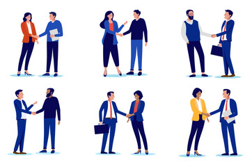 People handshake collection - Set of vector illustrations with businesspeople shaking hands in office or at work over business agreement, deal and cooperation. Flat design with white background