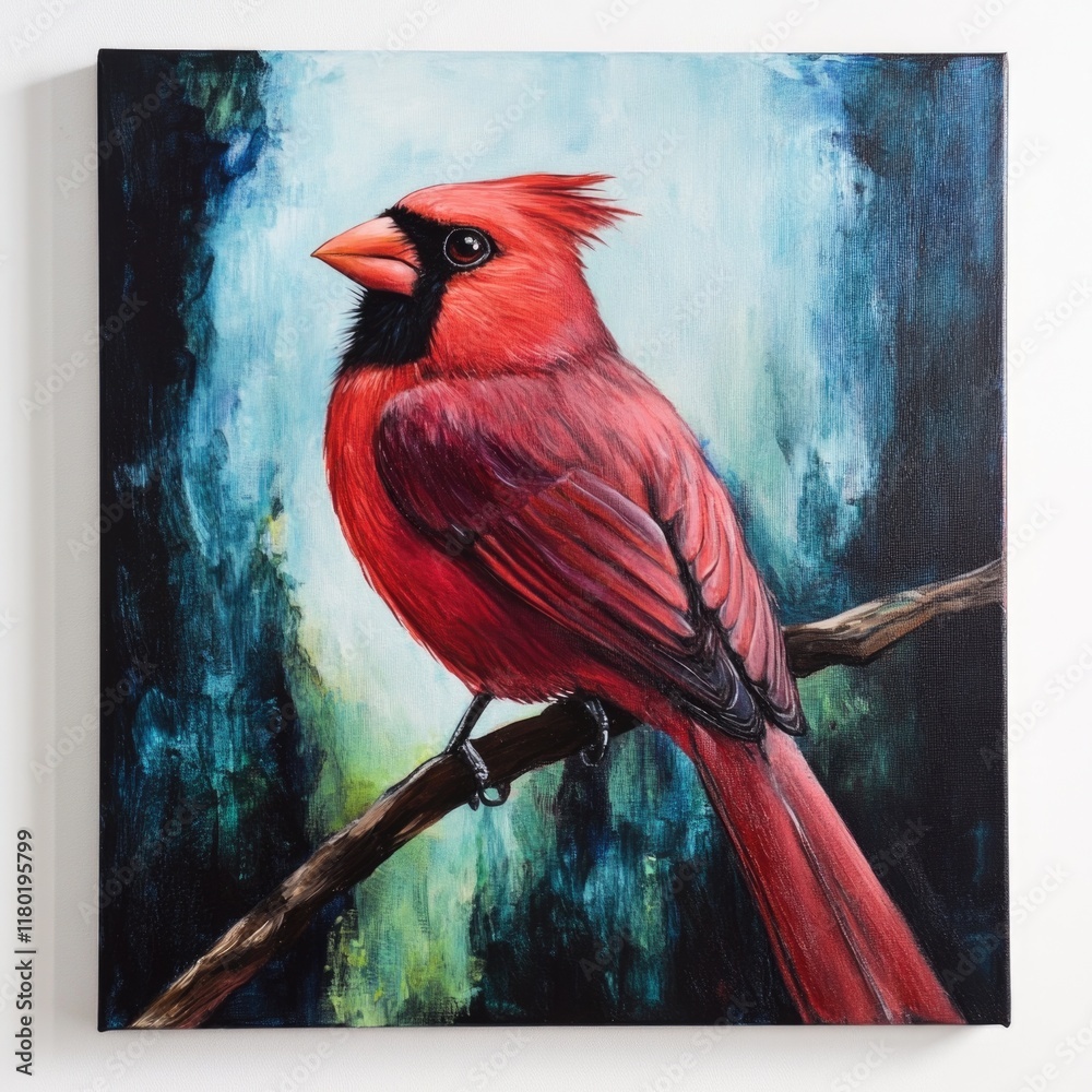 Poster a red bird sitting on a tree branch, looking around