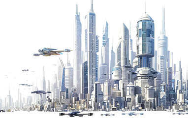 A Futuristic Cityscape with Flying Cars and Towering Skyscrapers in a High-Tech World Isolated on Transparent Background PNG
