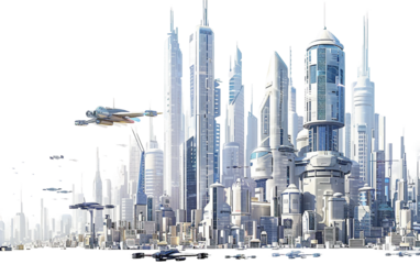 A Futuristic Cityscape with Flying Cars and Towering Skyscrapers in a High-Tech World Isolated on Transparent Background PNG