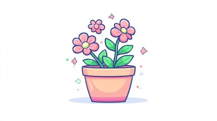 Cute pink flowers in terracotta pot, whimsical, decorative background