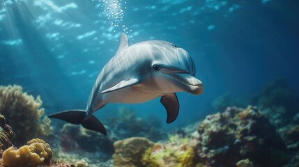 Fototapeta premium A dolphin swims through the ocean surrounded by schools of fish, great for underwater or marine-themed images