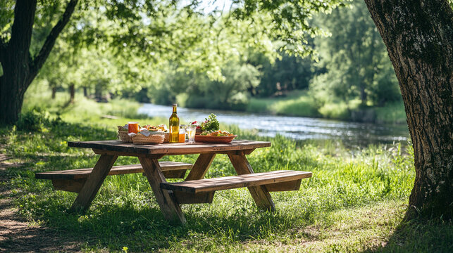 Wooden picnic bench and table with food and drinks in sunny spring or summer meadow grass nature near the river or lake water, nobody, countryside leisure relaxation, outdoors tree shadow in the park.