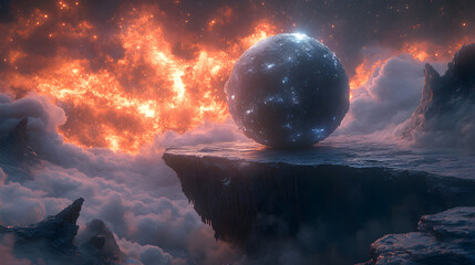 A Captivating Stone Sphere on a Platform in the Infinite Depths of Space Surrounded by Alien Wonders