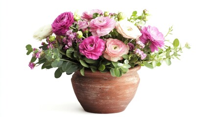 Spring Ranunculus bouquet in terracotta pot, isolated white background