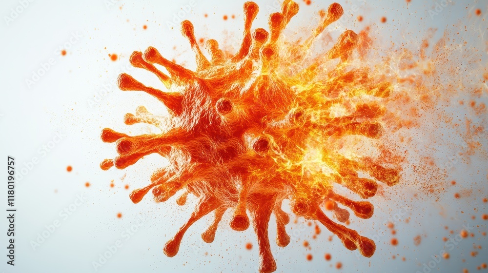 Poster dynamic explosion of particles and light depicting the Human metapneumovirus Virus hmpv disintegrating in powerful burst of energy symbolizing the fight against hmpv