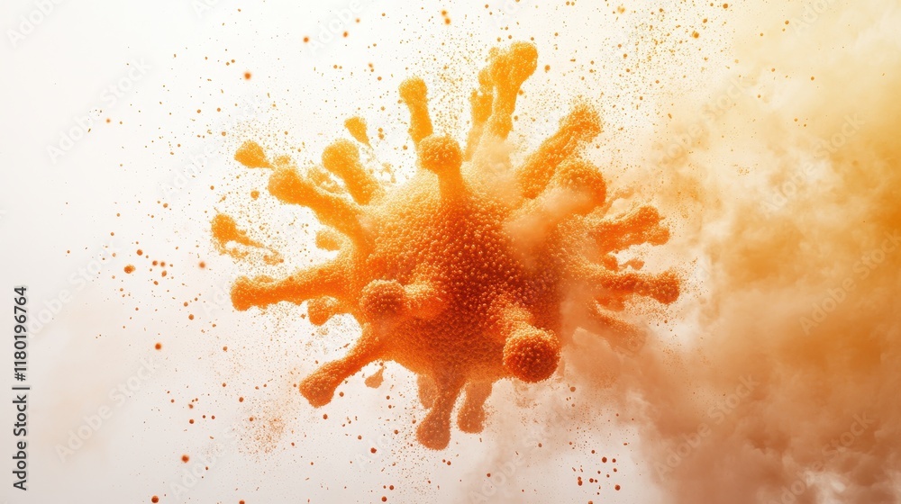 Poster dynamic explosion of particles and light depicting the Human metapneumovirus Virus hmpv disintegrating in powerful burst of energy symbolizing the fight against hmpv