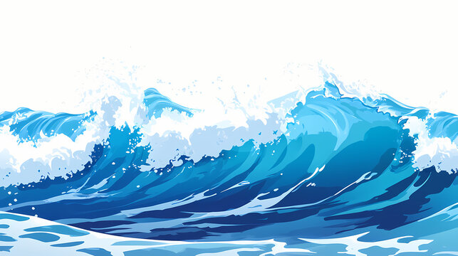A large, clear blue wave with whitecaps and spray crashing against a calm, reflective surface. Wavecrest. Illustration