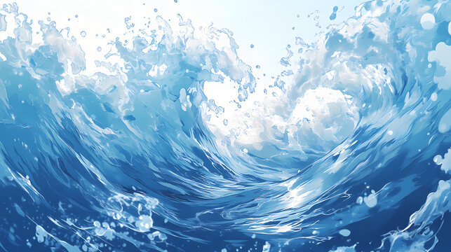 A large, clear blue wave with whitecaps and spray crashing against a calm, reflective surface. Wavecrest. Illustration