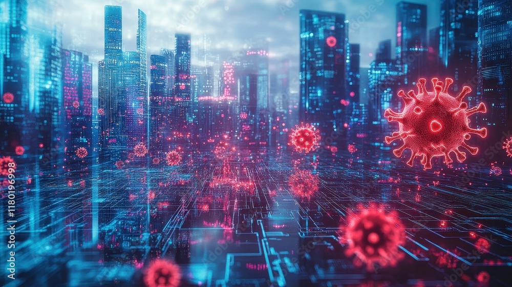 Aufkleber futuristic digital grid overlaid with human metapneumovirus virus hmpv particles glowing in neon red