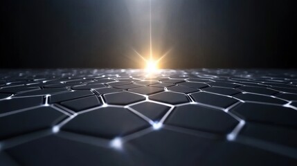 Glowing hexagonal pattern with sunburst: futuristic metallic surface