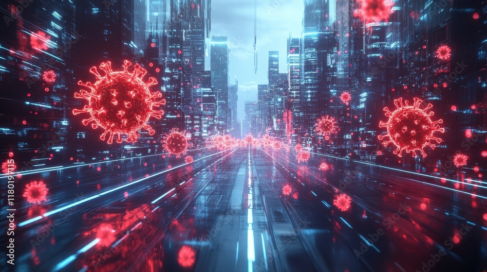 Aufkleber futuristic digital grid overlaid with human metapneumovirus virus hmpv particles glowing in neon red