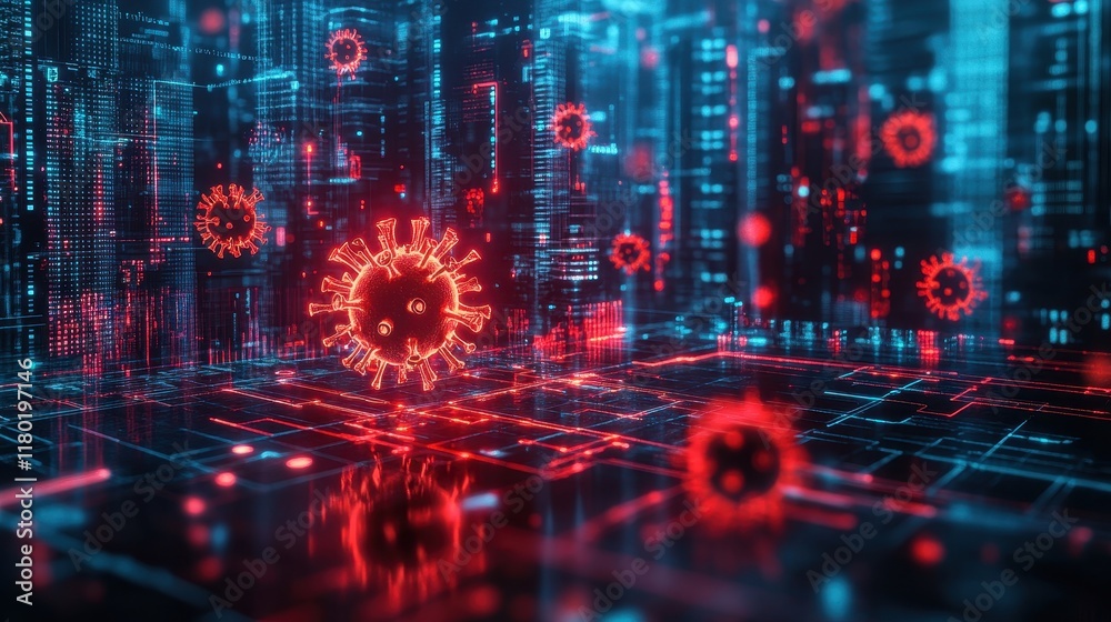 Aufkleber futuristic digital grid overlaid with human metapneumovirus virus hmpv particles glowing in neon red