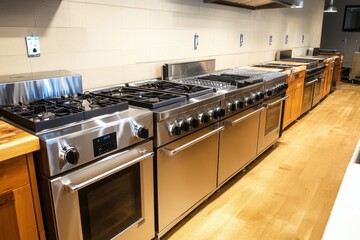 Installing various kitchen appliances including ovens, refrigerators, and dishwashers in a modern kitchen setup