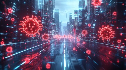 Fototapeta premium futuristic digital grid overlaid with Human metapneumovirus Virus hmpv particles glowing in neon red and blue representing the spread of hmpv through hightech cityscape