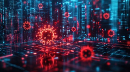 futuristic digital grid overlaid with Human metapneumovirus Virus hmpv particles glowing in neon red and blue representing the spread of hmpv through hightech cityscape