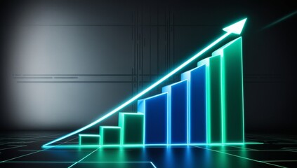 Neon bar graph rising, stock market informations. Growing Bar concept. Abstract futuristic bar chart