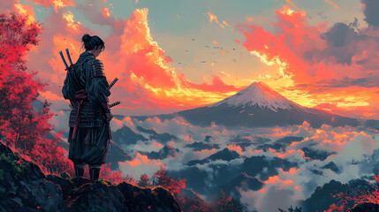 An Intricate Ukiyo-e Portrait of a Majestic Samurai Bowing Against a Breathtaking Mountain Sunset