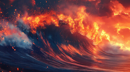 Obraz premium A stunning wave illuminated with fiery colors, showcasing the beauty of ocean dynamics. Wavecrest. Illustration