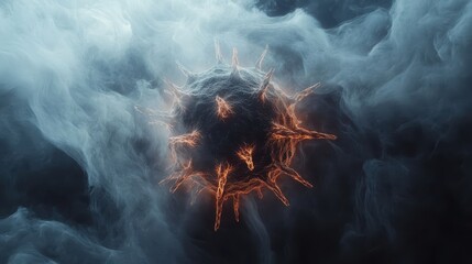 glowing spiky 3D model of the Human metapneumovirus Virus hmpv particle floating in deep space background with faint light beams and swirling fog adding depth