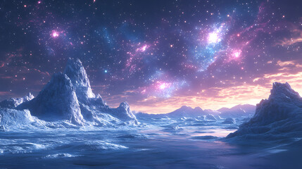 A Stunning Alien Landscape with Unique White Rock Formations and a Blue Planet Beneath a Captivating Starry Sky