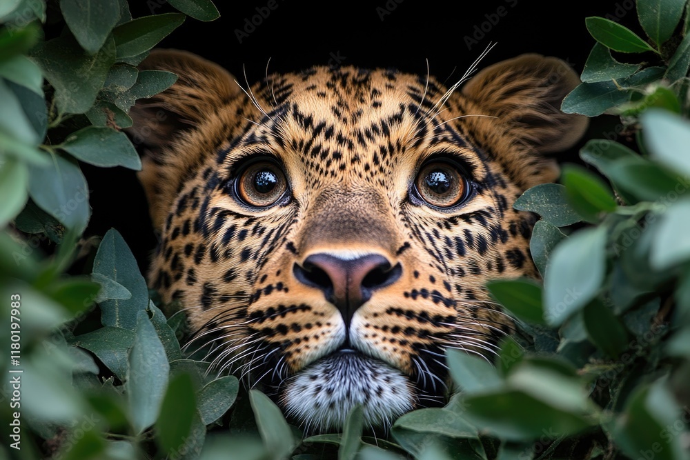 Poster a close-up view of a leopard's face peeking out of a bush