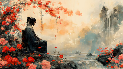 A Captivating Ukiyo-e Depiction of a Respectful Samurai Bowing in a Vibrant Flower Garden