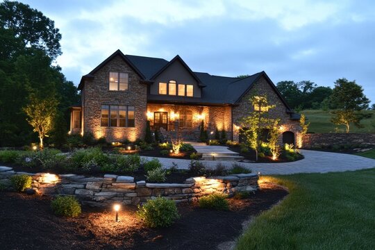 Contractors installing outdoor lighting fixtures for enhanced nighttime visibility and aesthetic appeal in residential spaces - Powered by Adobe