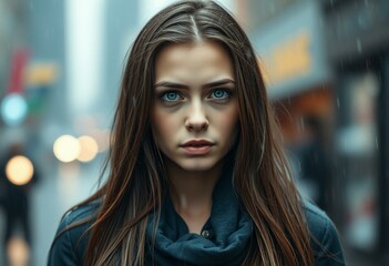 Wet woman under rain, blue eyes, brown hair, cityscape background