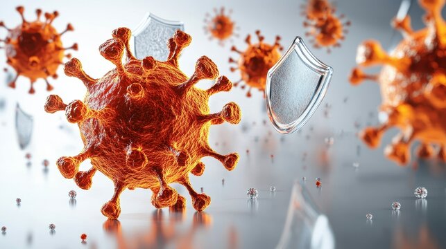 looping animation of Human metapneumovirus Virus hmpv particles being neutralized by shields representing the effect of vaccines in fun and engaging way