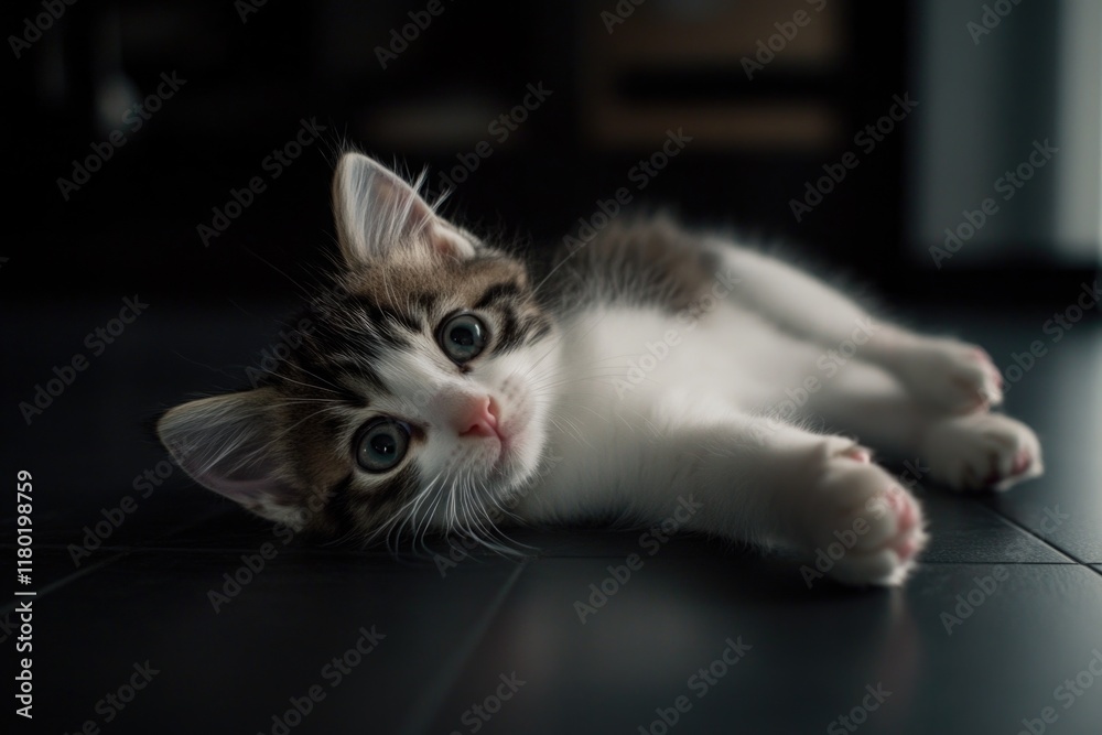 Poster a curious kitten lying on the floor with its eyes focused on the camera