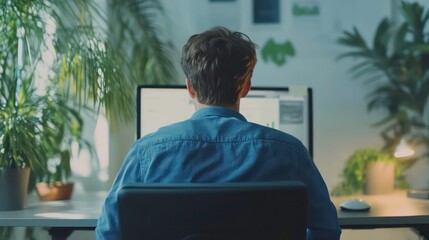 Rear view of young man manager businessman broker agent in blue shirt working in corporate office using pc computer at desk. Concept of business development growth, idea solutions. Copy ad text space