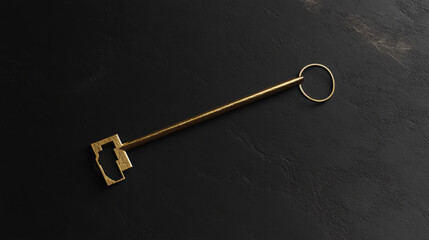 Design a vintage brass key on a matte black surface, reflecting soft golden light, evoking mystery, sophistication, and timeless elegance.