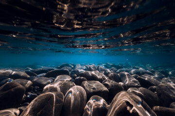 Tranquil underwater scene with copy space. Crystal clear blue sea