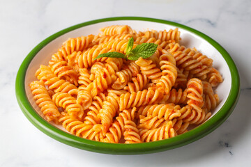 Fusilli pasta, spiral or spirali pasta with tomato sauce - Italian food style