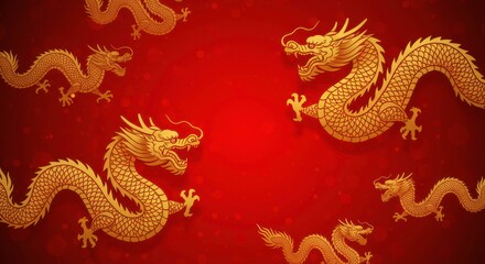Fototapeta premium Golden Dragons on Red: Majestic gold dragons elegantly wind across a rich red background.