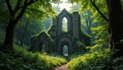 Obraz premium Ruined stone archway covered in greenery, St. Patrick’s Day