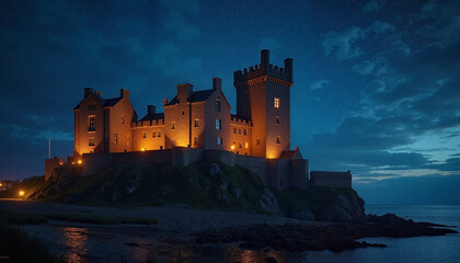 Castle at night against dark sky with illuminated windows, St. Patrick&rsquo;s Day