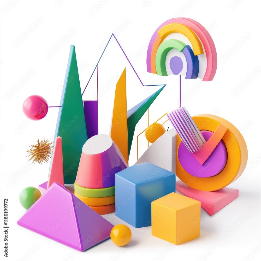 Poster various colorful shapes placed on a plain white surface