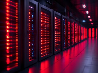 Red-lit server room with rows of data storage racks.