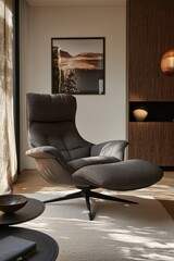 Cozy modern interior featuring stylish armchair, warm lighting,