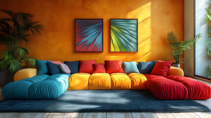 A Joyful and Lively Dopamine Decor-Inspired Living Room with Eclectic Furniture and Vibrant Artwork