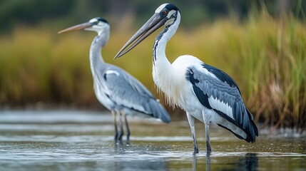 Obraz premium Two large birds standing in a body of water, great for nature or wildlife scenes