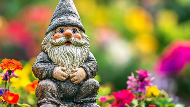 Charming garden gnome surrounded by vibrant flowers in a sunny outdoor setting