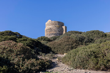 Watchtower of the archaeological site of tharros , San Giovanni di Sinis, Sardinia, italy.