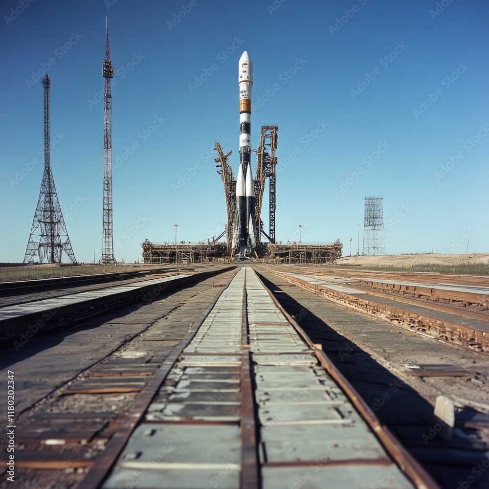Poster a rocket sits on top of a train track in this unique scene