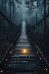 Obraz premium Mysterious bridge illuminated by glowing orbs, surrounded by fog
