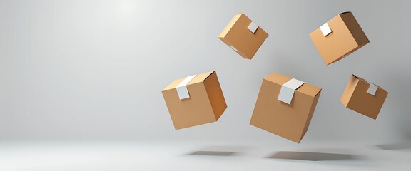 Floating cardboard boxes against a minimalist background.  Perfect for e-commerce, shipping, or delivery concepts.  Clean and modern aesthetic.